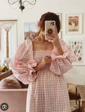 Sleeper 100% linen atlanta midi pink gingham dress, small